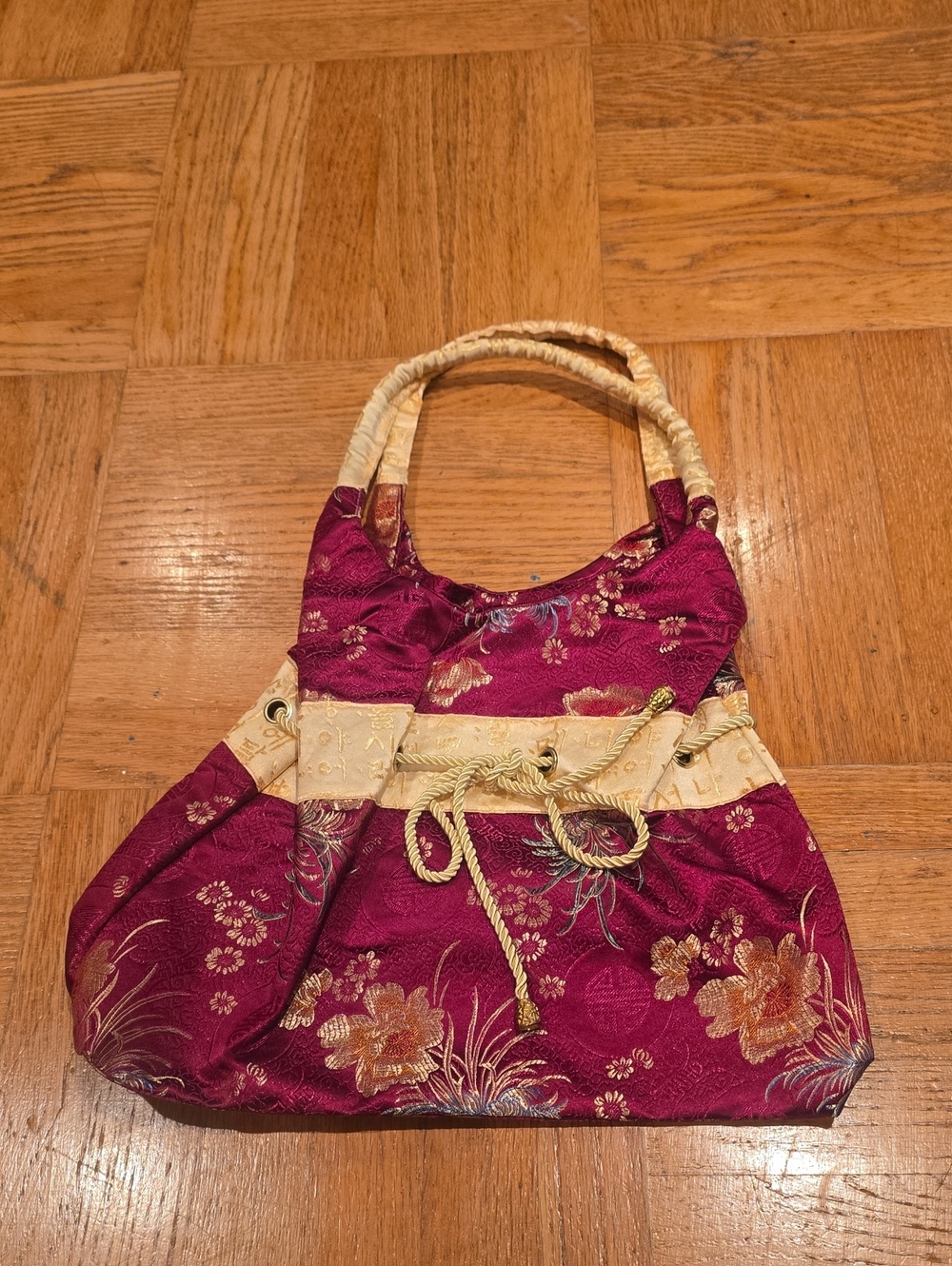 Purple Floral Satin Handle Bag with Cream Accents